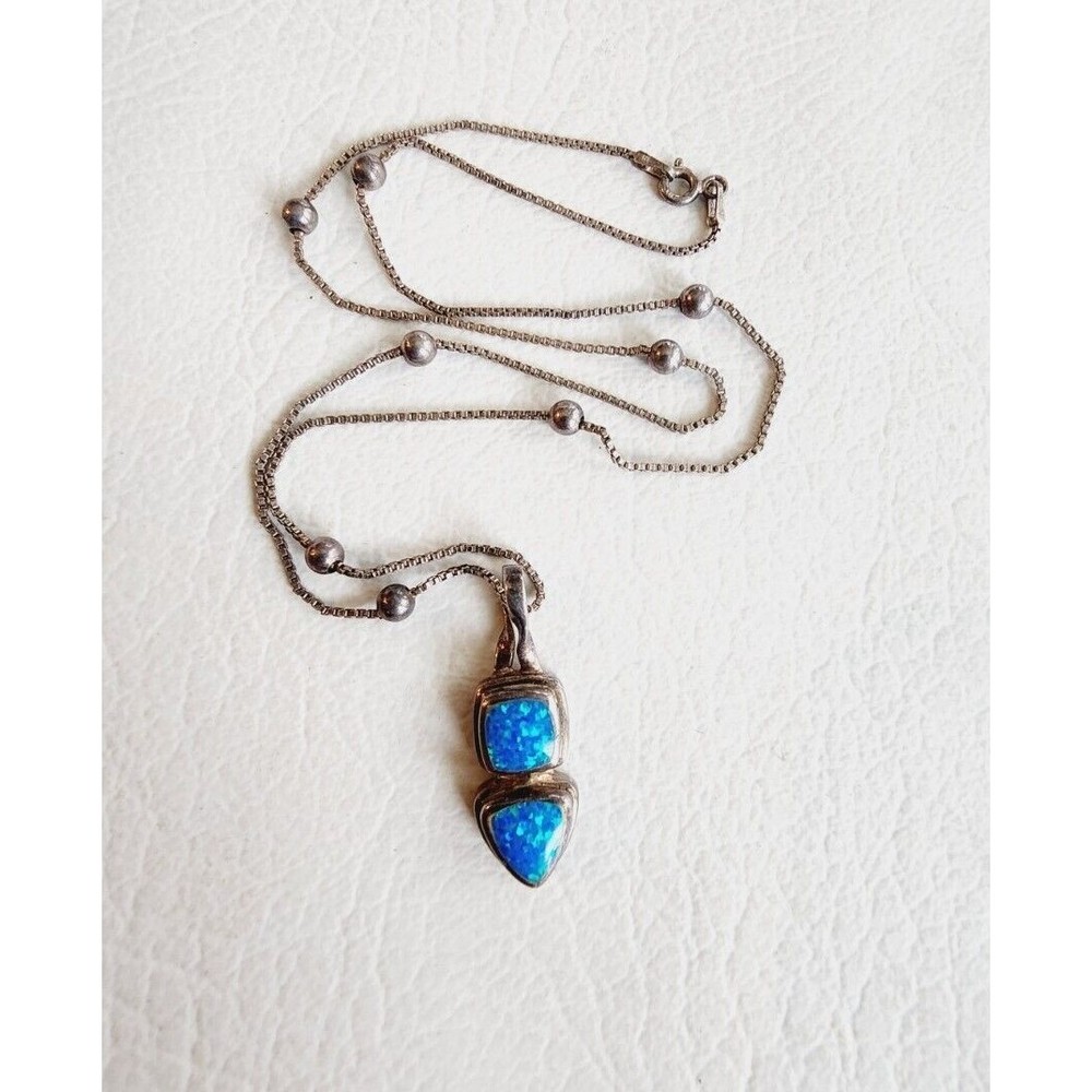 Southwest Sterling Silver Blue Lab Opal Pendant  on Ball Beaded Station Necklace